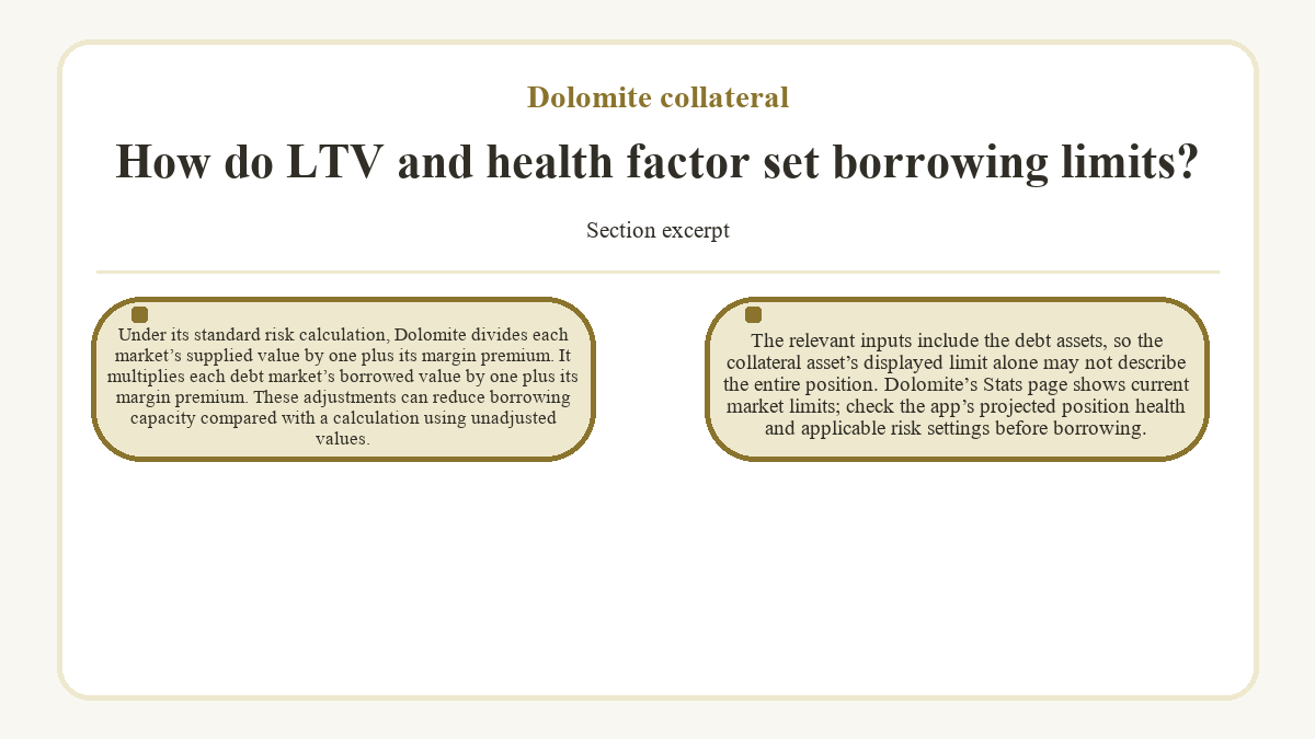 How do LTV and health factor set borrowing limits? (Dolomite collateral)